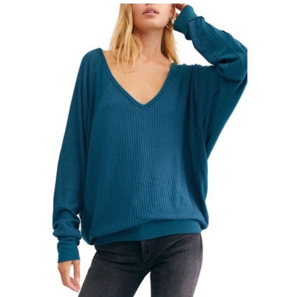 Free People Santa Clara teal V neck thermal top size XS - Picture 1 of 9